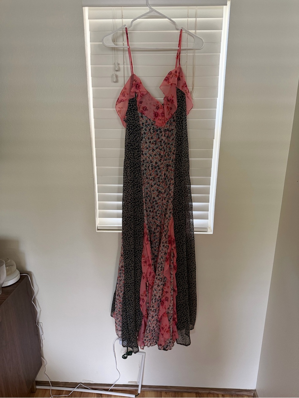 Anthropologie Pink & Black Floral Maxi Slip Dress